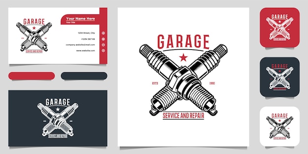 Vector service station emblem design. classic garage logo in retro style with monochrome spark plug