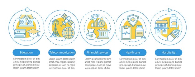 서비스 산업 벡터 Infographic 템플릿입니다. 비즈니스 프레젠테이션 디자인 요소입니다. 5단계 및 옵션이 있는 데이터 시각화. 프로세스 타임라인 차트. 선형 아이콘이 있는 워크플로 레이아웃