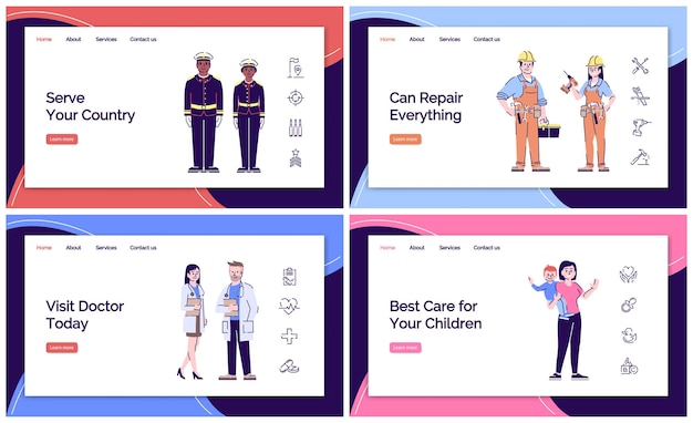 サービスワーカーのランディングページのベクトルテンプレート。フラットなイラストとウェブサイトのインターフェイスのアイデア。陸軍、医療、ヘルスケアサービスのホームページのレイアウト。ベビーシッターのWebバナー、Webページの漫画のコンセプト