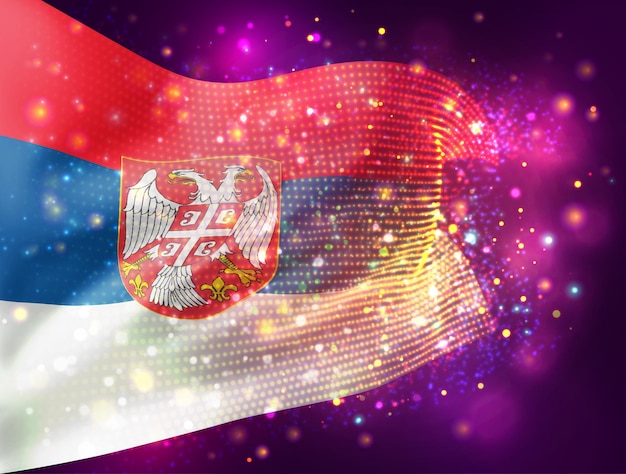 Servië, vector 3d vlag op roze paarse achtergrond met verlichting en fakkels