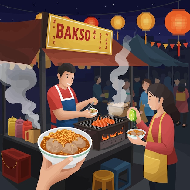 Serving Meatball Noodle Soup at Outdoor Street Food Market Stall