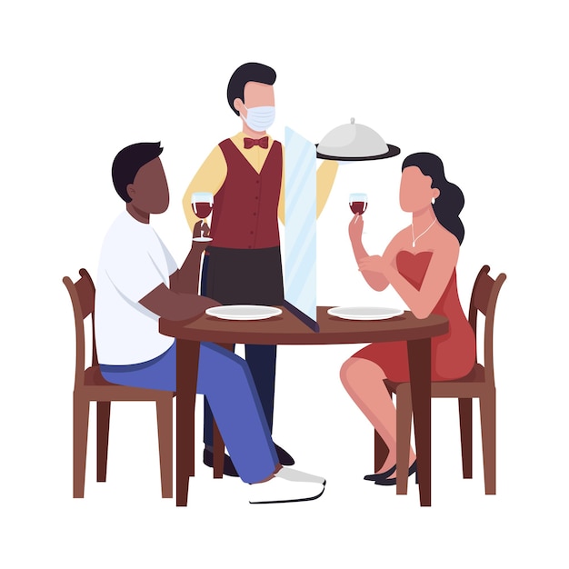 Serving restaurant guests with safety measures semi flat color vector characters