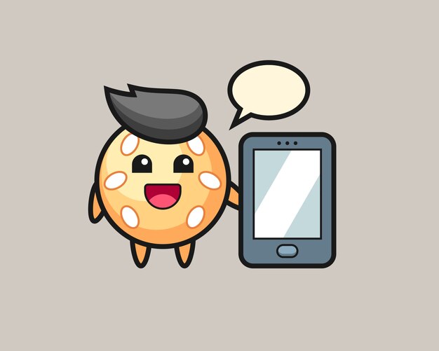 Sesame ball cartoon holding a smartphone