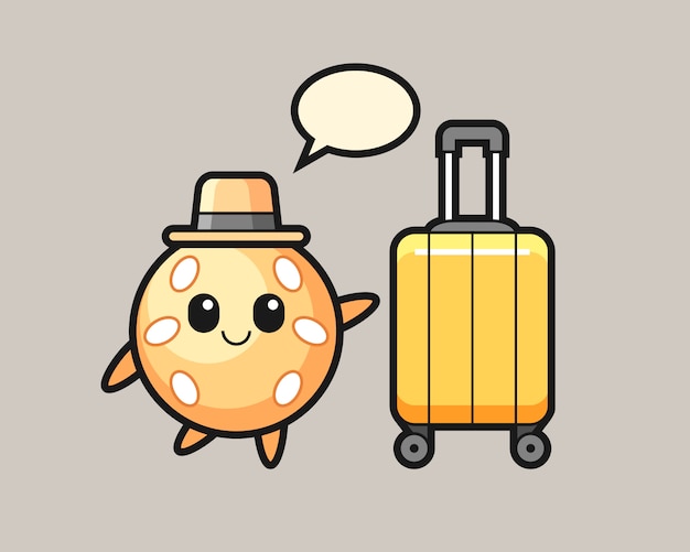 Sesame ball cartoon with luggage on vacation