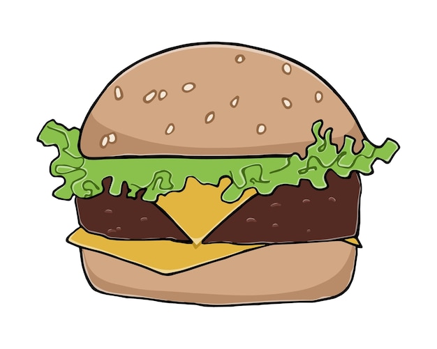 Vector sesame bun burger lettuce cheese cutlet doodle linear cartoon fast food junk food