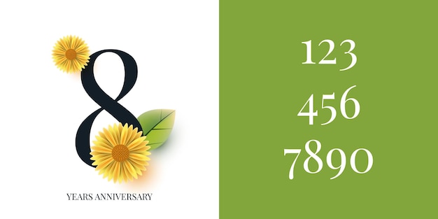 Set 1 2 3 4 5 6 7 8 9 10 years anniversary label with flowers illustration template design