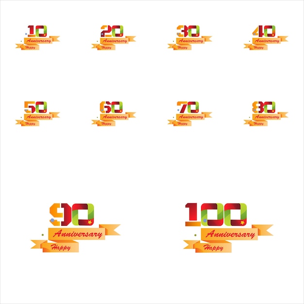 Set 10, 20, 30, 40, 50, 60, 70, 80, 90, 100 anniversario logotipo modello design per banner, poster, illustratore vettoriale di carte