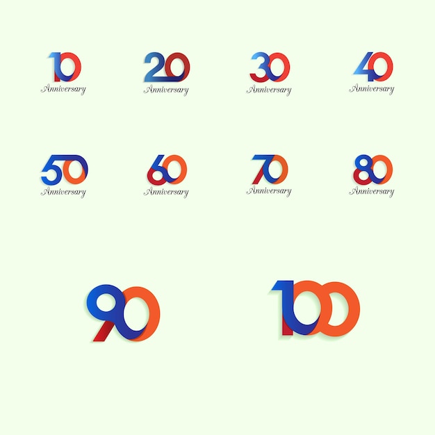 Set 10, 20, 30, 40, 50, 60, 70, 80, 90, 100 year anniversary vector template design illustration