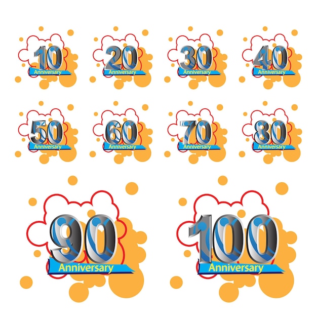 Impostare 10, 20, 30, 40, 50, 60, 70, 80, 90, 100 anni anniversario modello vettoriale illustrazione design