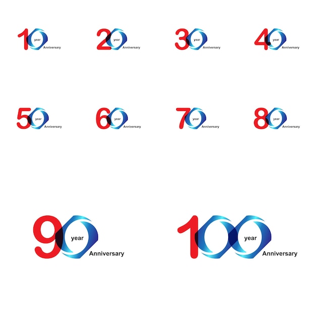 Impostare 10, 20, 30, 40, 50, 60, 70, 80, 90, 100 anni anniversario modello vettoriale illustrazione design