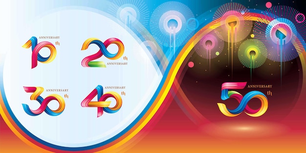 Set of 10 to 50 year Anniversary Colorful logo design. Abstract Twisted Infinity multiple line Color