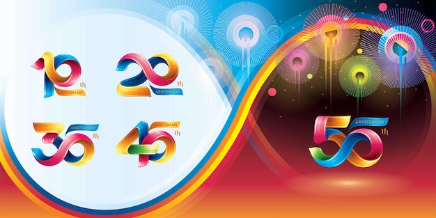 Set da 10 a 50 anni design del logo colorato per l'anniversario. nastro astratto twist infinity a più righe