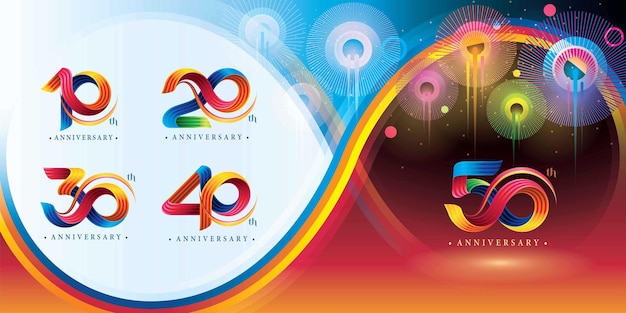 Set di logotipo colorato da 10 a 50 anni anniversario. abstract twist infinity a tre linee di colore curvo