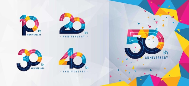 Набор от 10 до 50 лет Юбилейный логотип от десяти до пятидесяти лет, абстрактный красочный геометрический треугольник.