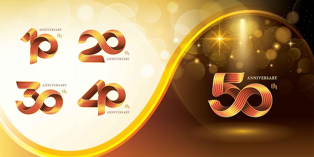 Set of 10 to 50 years anniversary logotype design celebrating anniversary logo gold twist infinity