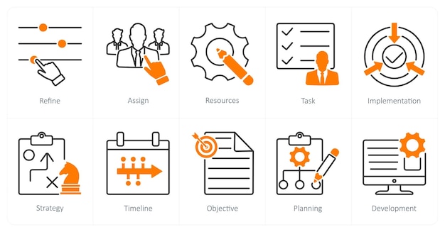 a set of 10 action plan icons as refine assign resources