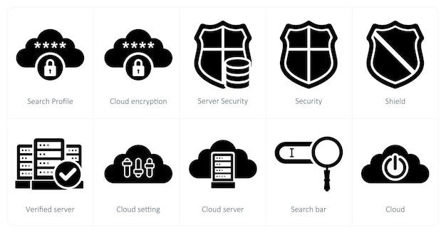 A set of 10 big data icons as server profile cloud encryption server security