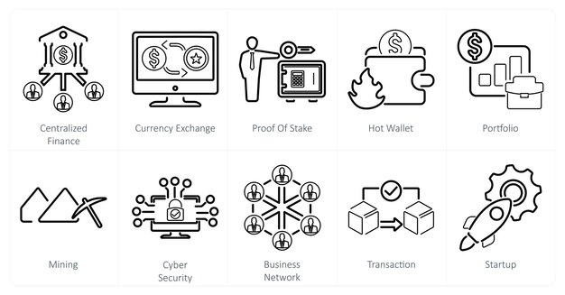 10 つのブロックチェーンアイコンを中心化した金融通貨交換の証拠として