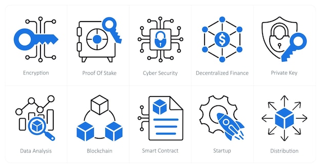 Набор из 10 икон Blockchain в качестве криптирующего доказательства кибербезопасности