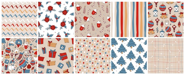 Vector set of 10 christmas seamless patterns for wrapping paper textile prints wallpaper
