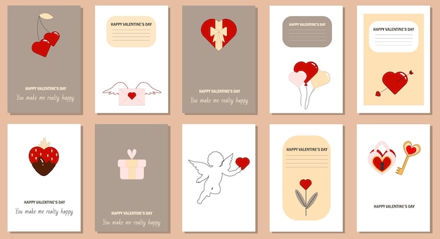 Набор из 10 открыток с креативным дизайном любви. Набор плакатов ко Дню святого Валентина. Векторная иллюстрация.
