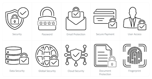 A set of 10 cyber security icons as security password email protection secure payment