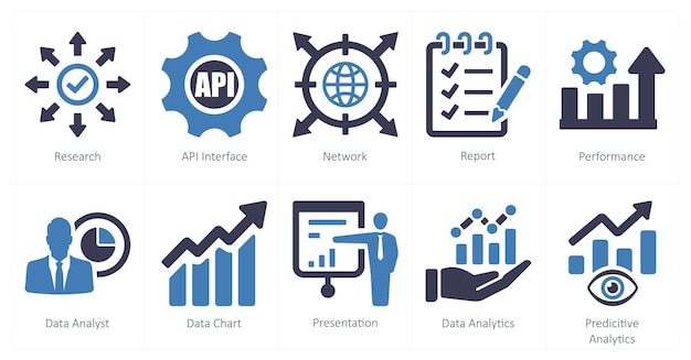 a set of 10 data analytics icons as research api interface network