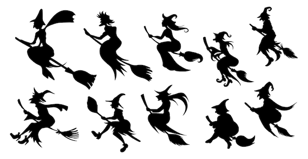 Set of 10 different witches on a Halloween broomstick on a white background Vector