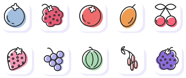 Set 10 fresh outline berries icons logo blueberry raspberry cranberry strawberry cherry