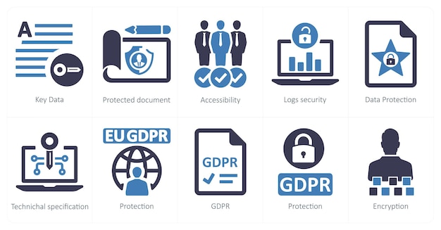 A set of 10 gdpr icons as key data protected document accessibility
