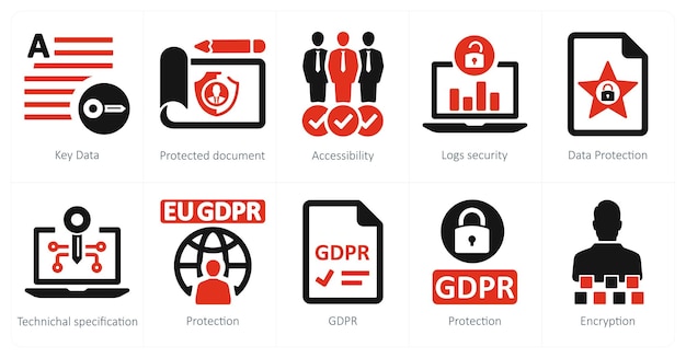A set of 10 gdpr icons as key data protected document accessibility
