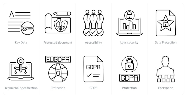 A set of 10 gdpr icons as key data protected document accessibility