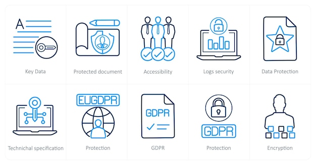 A set of 10 gdpr icons as key data protected document accessibility
