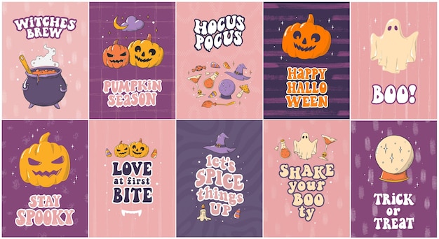 Set di 10 biglietti di halloween, poster, stampe decorate con scarabocchi disegnati a mano e citazioni groovy