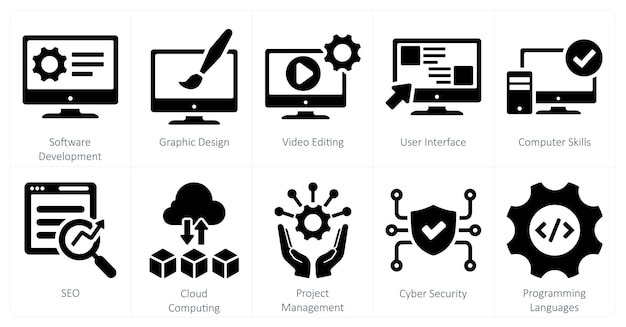 a set of 10 hard skills icons as software development graphic design video editing