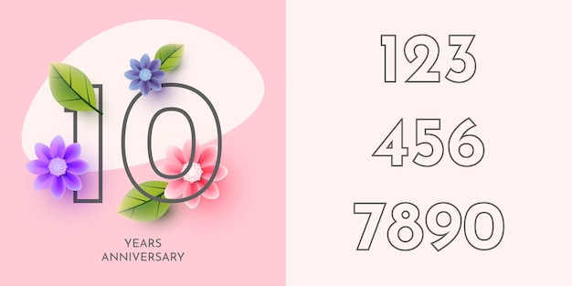 Set 10 jaar verjaardag achtergrond met bloemen bloemen sjabloonontwerp