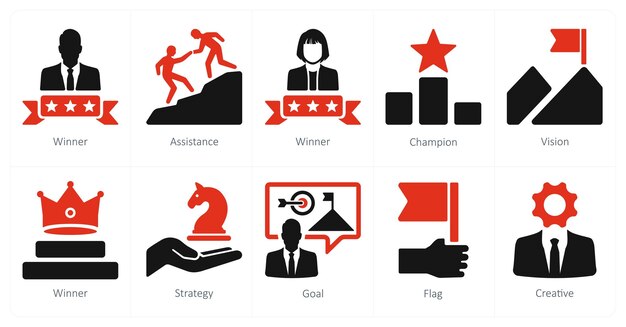 Vector a set of 10 leadership icons as winner assistance champion