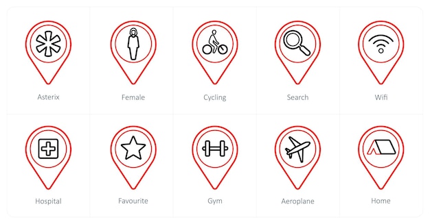 Vector a set of 10 location pointer icons as asterix female cycling