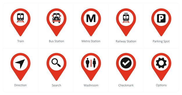 地下鉄の列車バス駅などの 10 つの位置ポインターアイコンをセットします