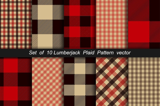 Vector set of 10 lumberjack plaid pattern. lumberjack plaid and buffalo check patterns. lumberjack plaid tartan and gingham patterns. vector illustration