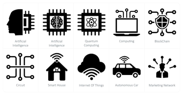A set of 10 mix icons as artificial intelligence quantum computing computing blockchain