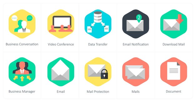 A set of 10 mix icons as business conversation video conference data transfer