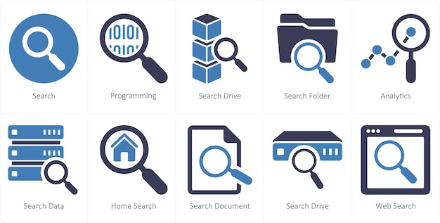 A set of 10 mix icons as search programming search drive