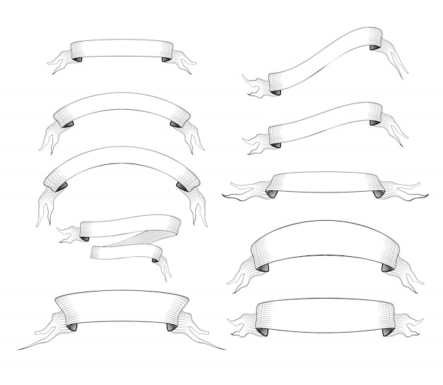 白で隔離されるテキストの10の古い刻まれたリボンのセット
