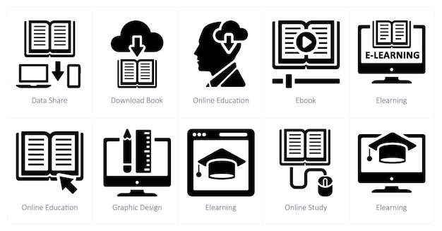 A set of 10 online education icons as data share download book online education
