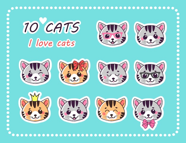 Set 10 stickers katten met verschillende emoties.