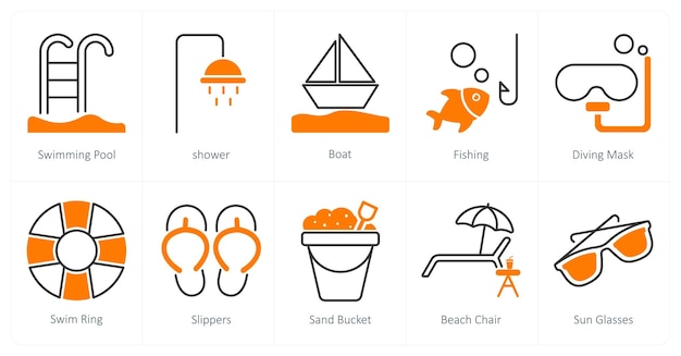 A set of 10 Summer and Vacation icons as swimming pool shower boat