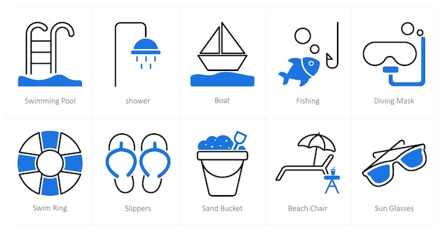 a set of 10 summer and vacation icons as swimming pool shower boat