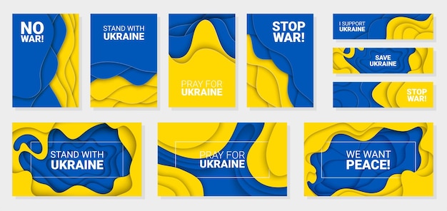 Set of 10 vector paper cut backgrounds of Pray For Ukraine No War Stand With Stop War on flag color