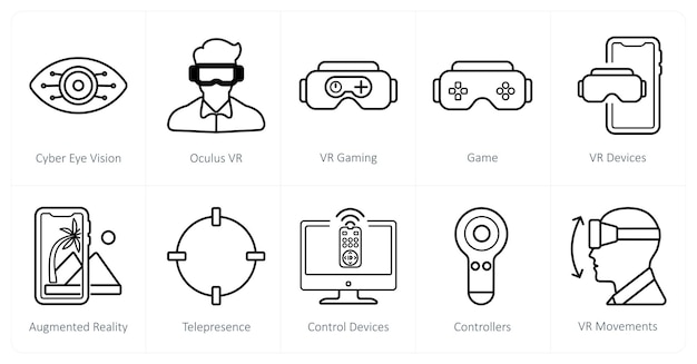 Набор из 10 икон виртуальной реальности в виде кибер-видения oculus vr vr gaming